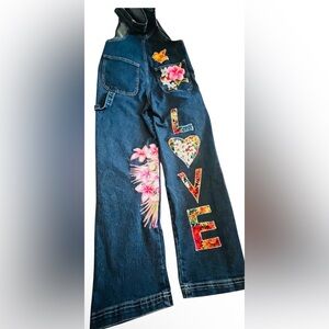 Refashioned Denim Overalls | Handmade LOVE Tropical Art Overalls | Size Small